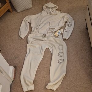 Cream Hoodie and Jogger Set with Smiley Faces